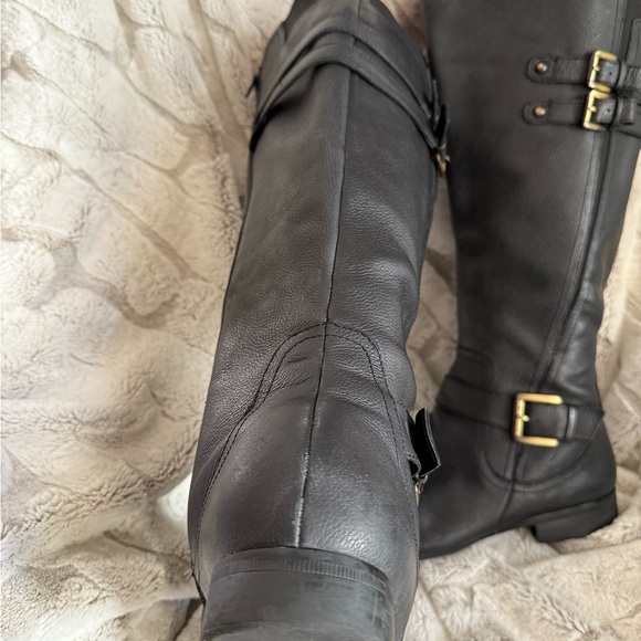 Black Leather Wide Calf Knee-High Boots 12W - Picture 3 of 8